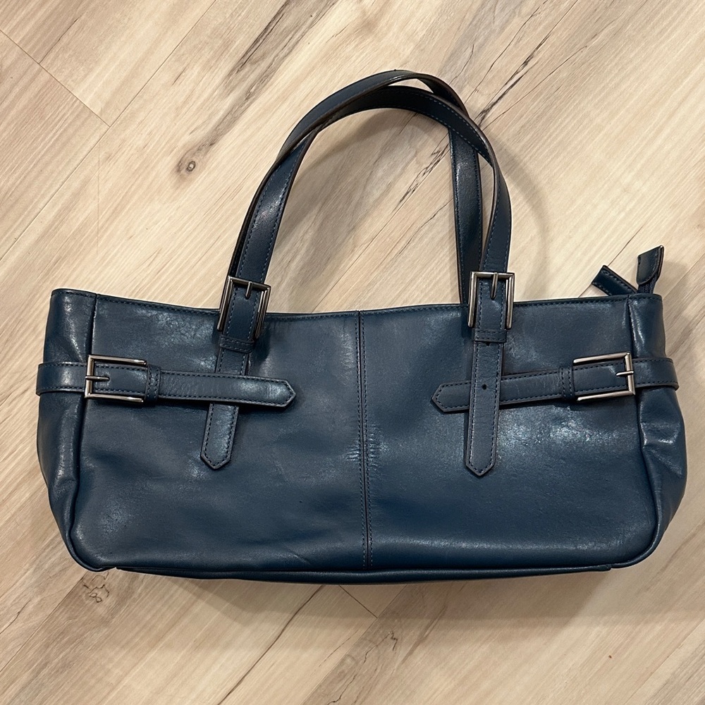East West Dark Blue Leather Shoulder Bag
